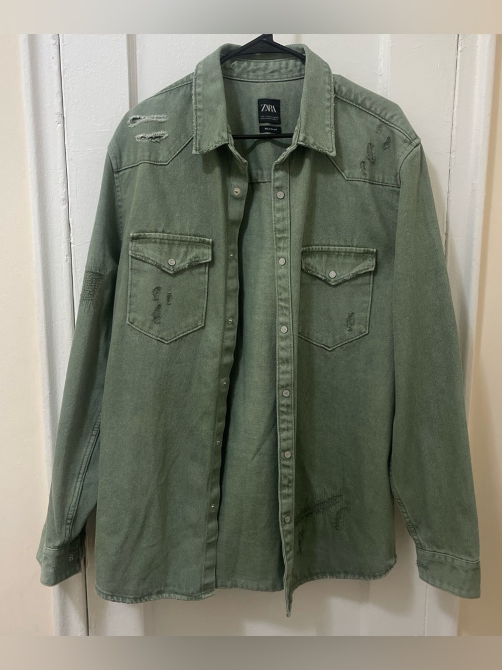 Zara Olive Green Lightweight Distressed Overshirt